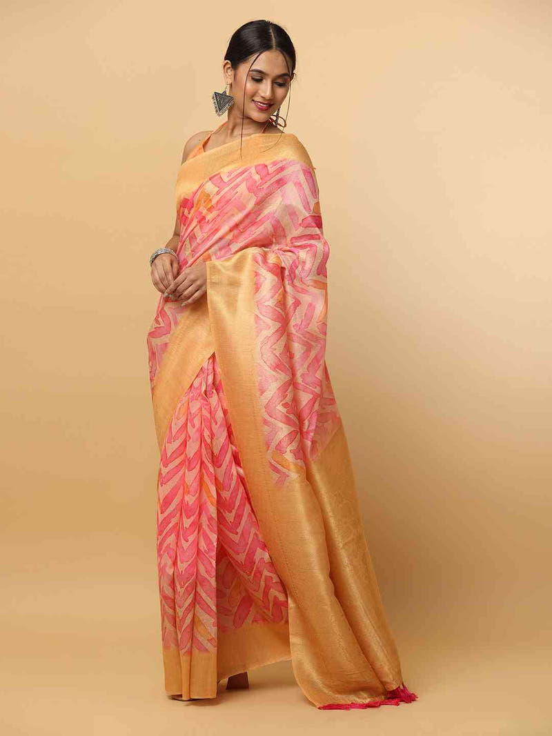 Slub Silk Digital Print Sarees With Ethnic Motif Border