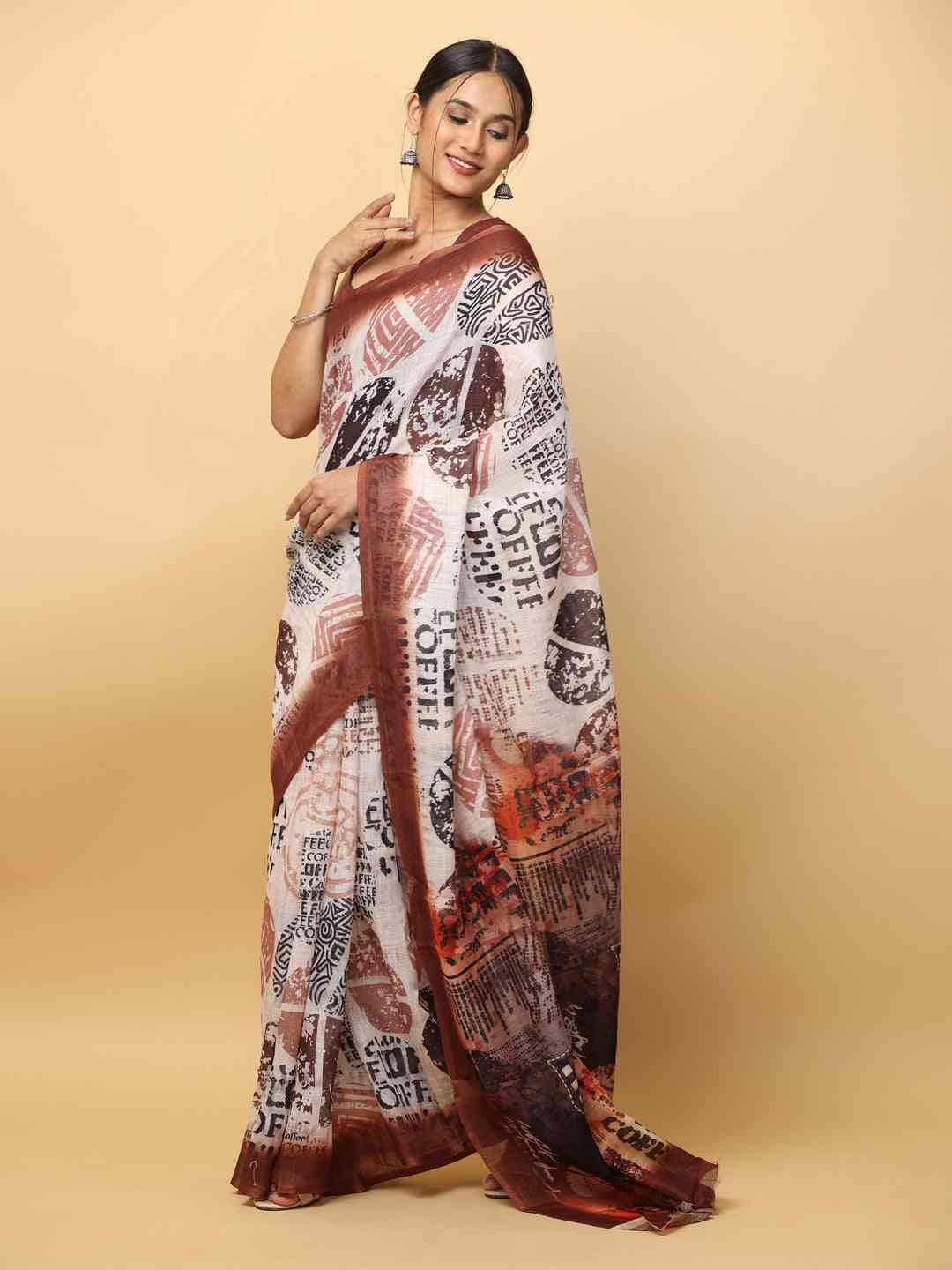 Latest Soft Linen News Paper Digital Print Saree