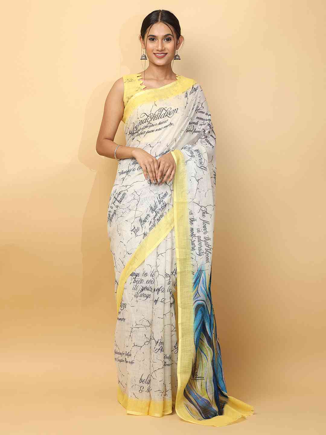 Latest Soft Linen News Paper Digital Print Saree