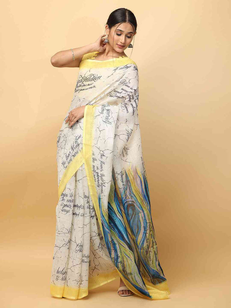 Latest Soft Linen News Paper Digital Print Saree