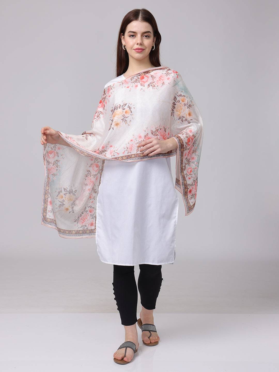 Off White Floral Printed Long Scarf