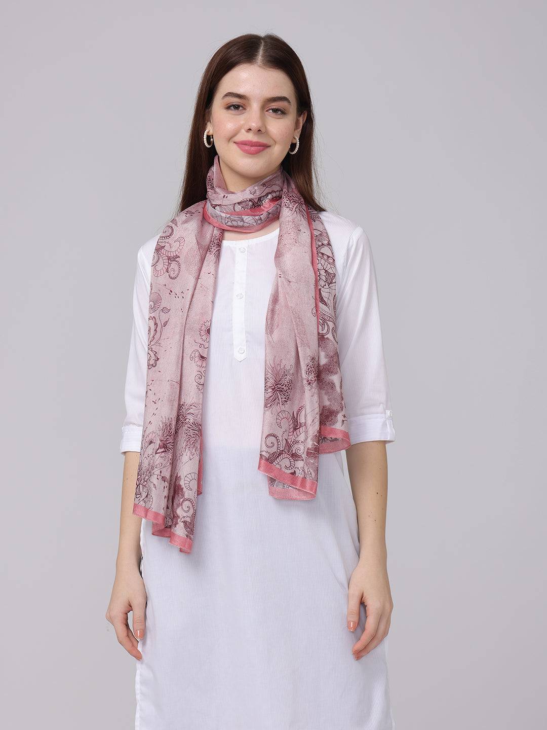 Crepe Pink Floral Printed Scarf