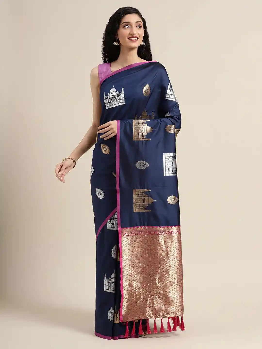 Trendy Dark Blue Colour Silk Blend Woven Design Banarasi Saree