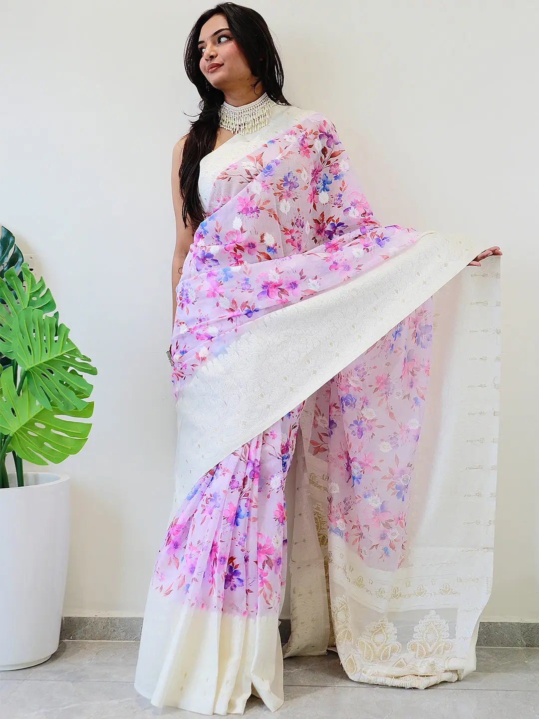 Multi Colour Digital Print Bollywood Saree in Lakhnavi Slub Pattern
