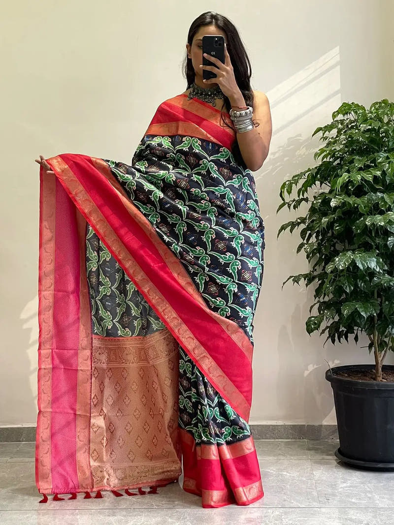 Attractive Soft Silk Gadwal Border Pochampally Print Saree