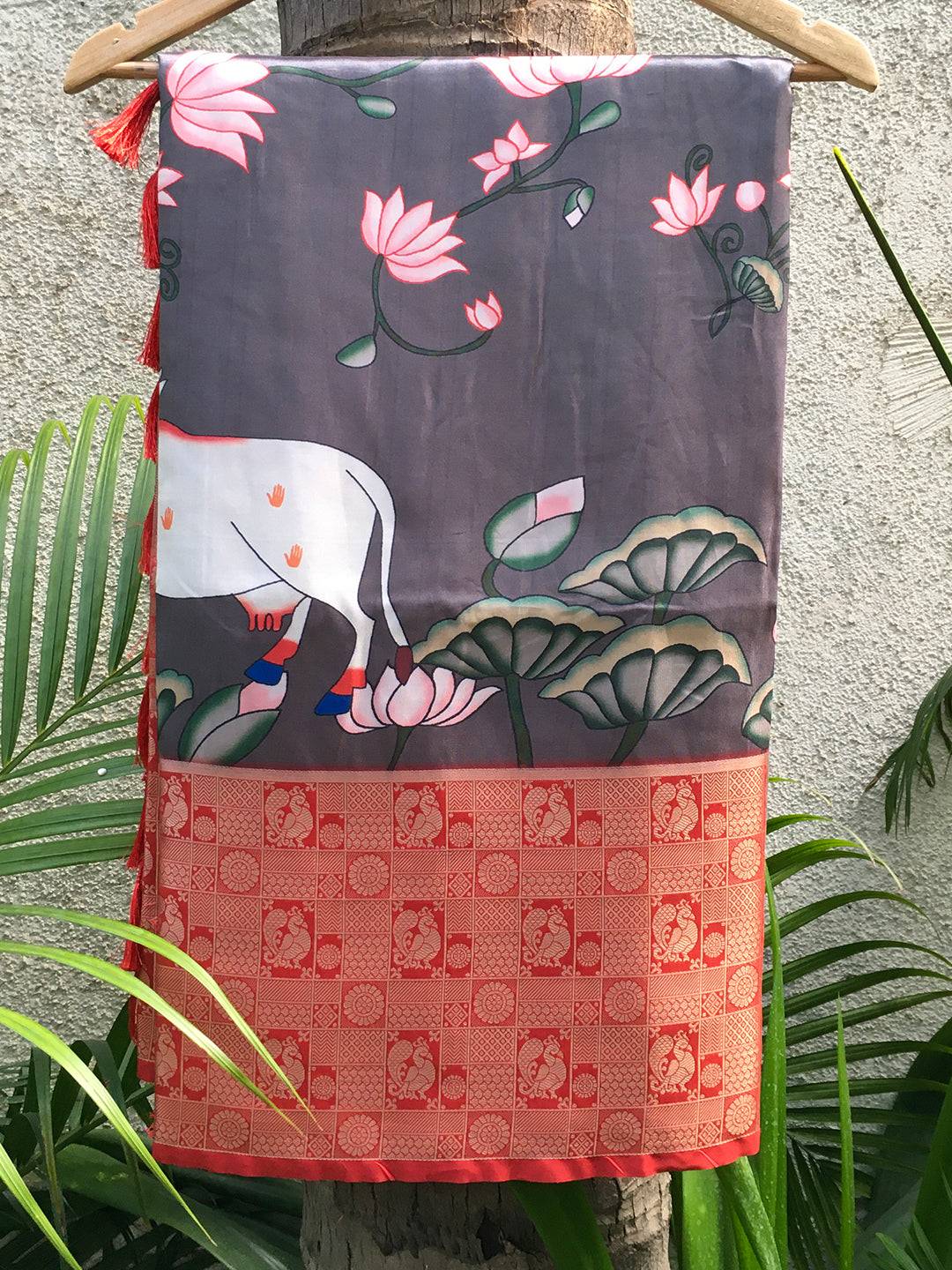 Silk Pichwai Digital Print Grey Saree