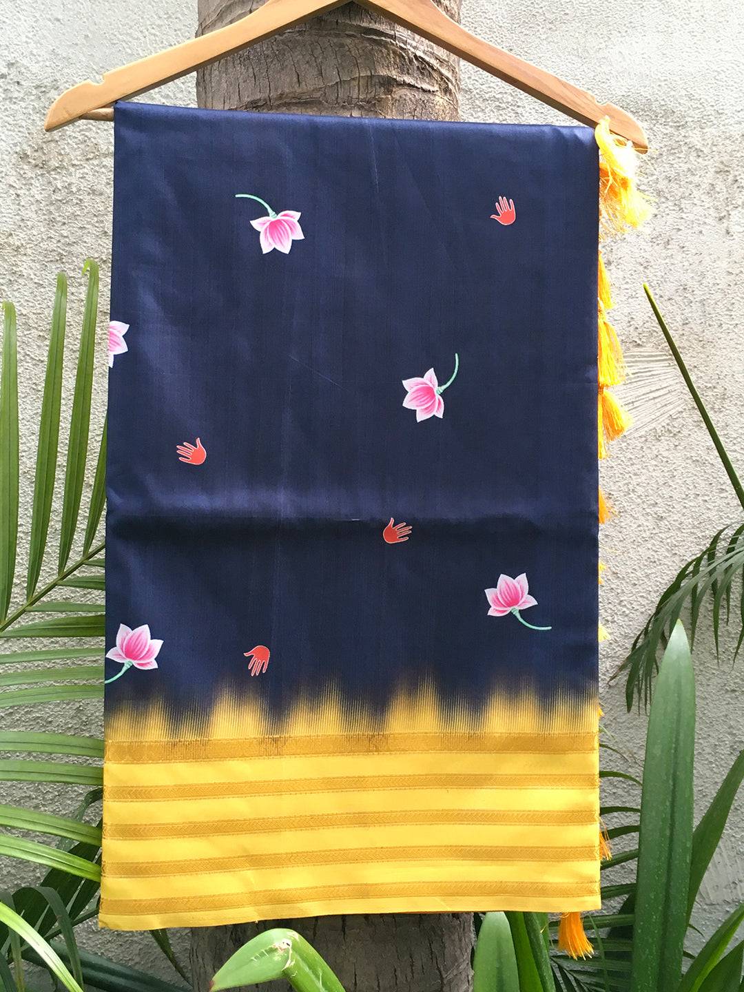 Lotus Print Navy Blue Silk Saree