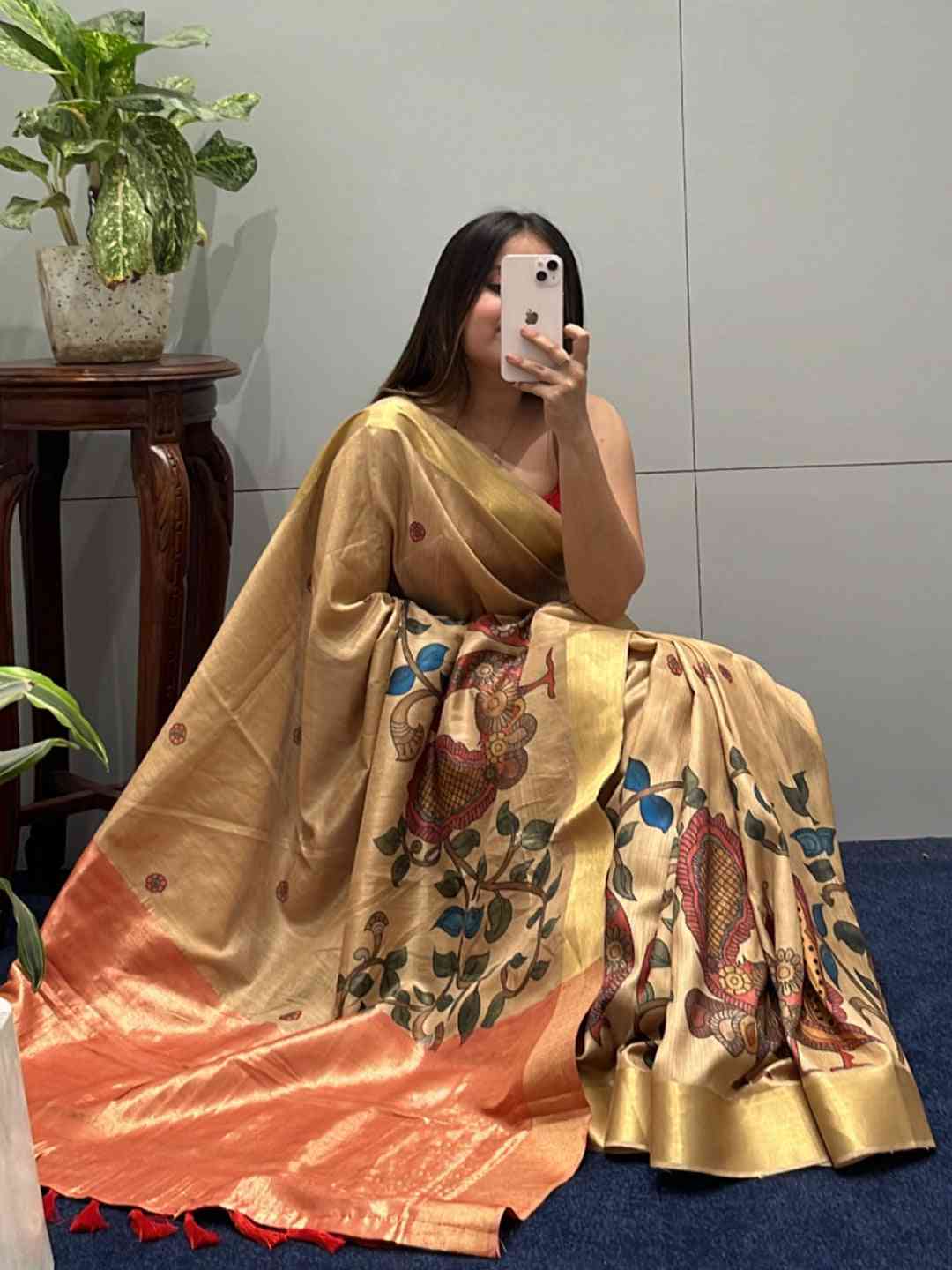 Incredible Pen Kalamkari Linen Tissue Soft Saree