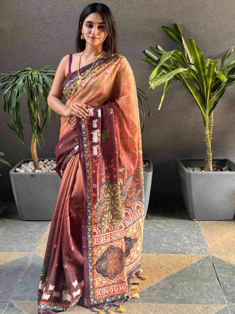 Soft Linen Ombre Pichwai Printed Wine Colour Saree
