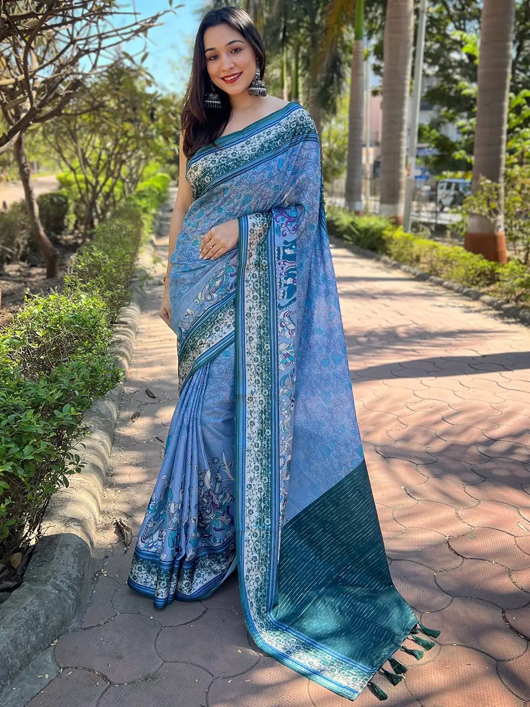 Satin Kota Doria Saree With Kalamkari Digital Print In Blue Colour