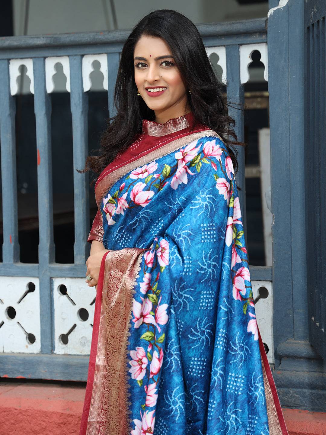 Royal Blue Pure Viscose Dola Silk Saree With Floral Print Border - Luxe