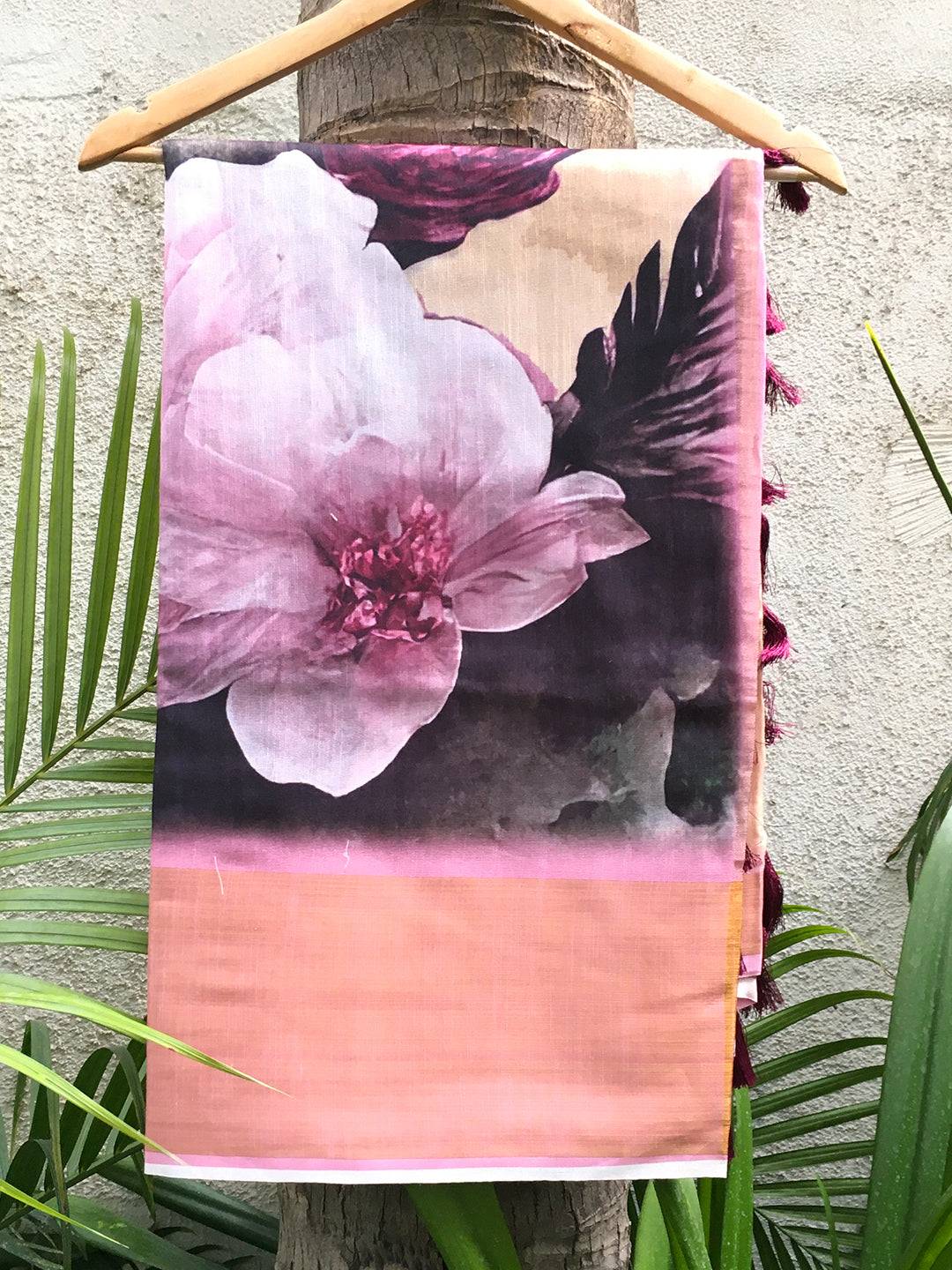 Beige Linen Floral Digital Print Saree