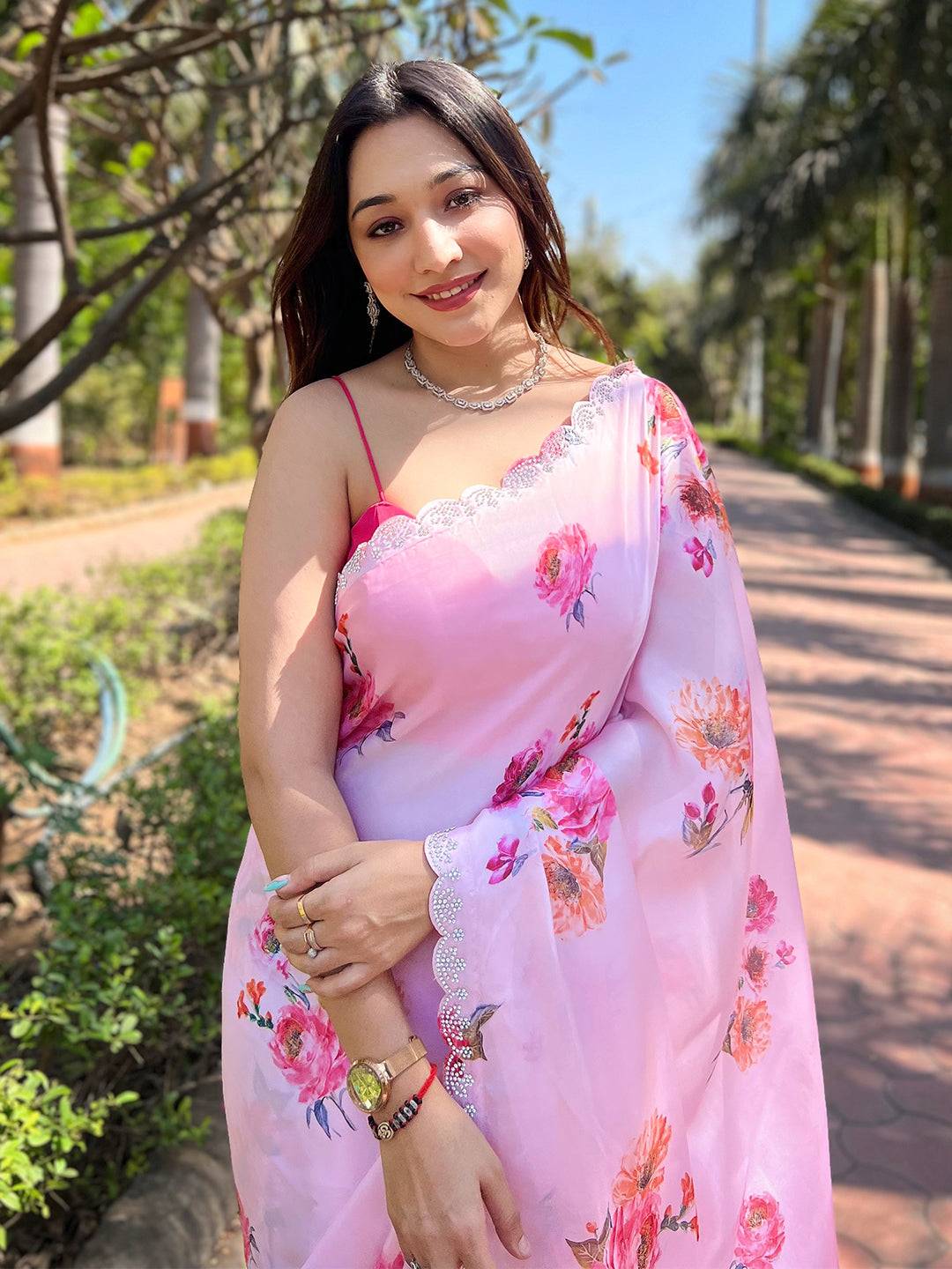 Pink Satin Georgette Floral Print Saree