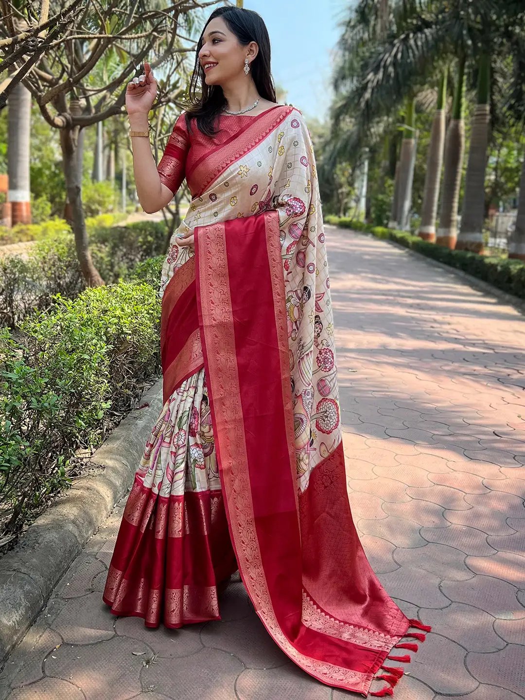 Chiku Colour Double Border Chex Weaving Banarasi Soft Silk Saree