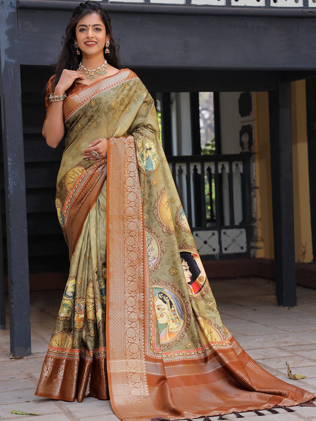 Pure Viscose Dola Silk Saree With Zari Weaving Pallu In Olive Colour - Luxe