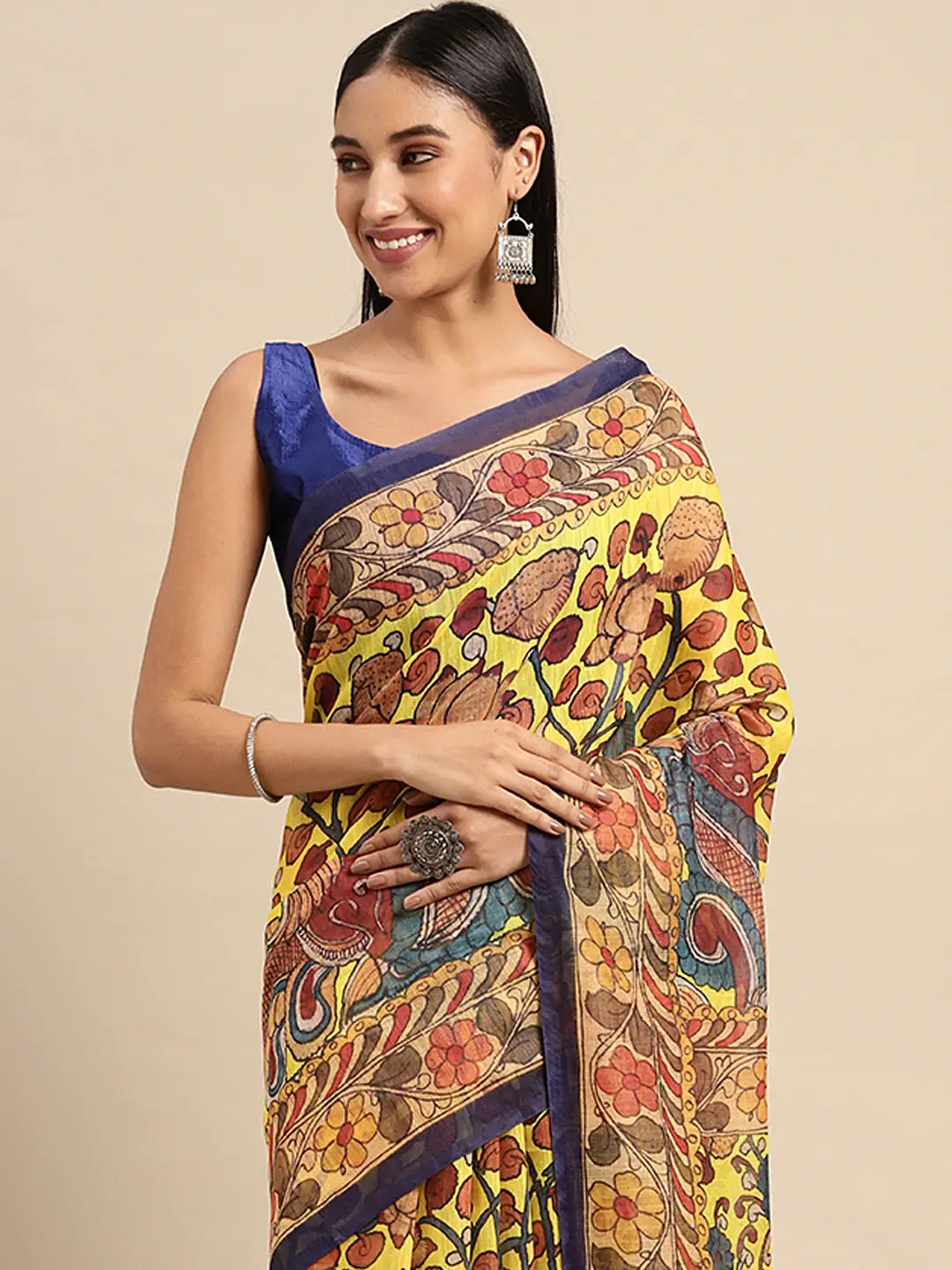 Beautiful Digital Print Kalamakri Design Soft Linen Saree