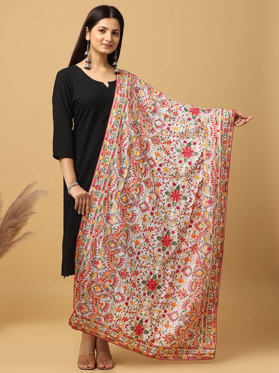 Ivory Multicolour Floral Pashmina Dupatta