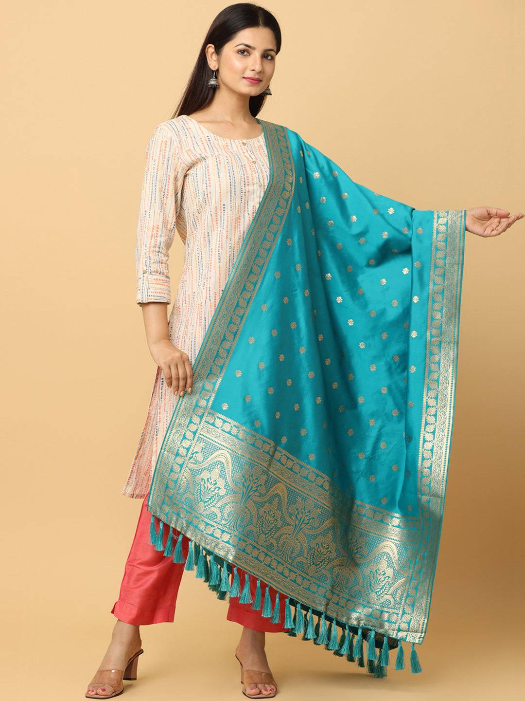 Woven Design Silk Blend Turquoise Colour Dupatta