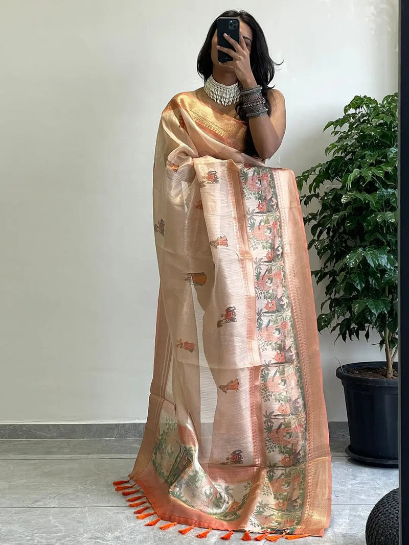 Exclusive Soft Gold Zari Tissue Digital Print Saree