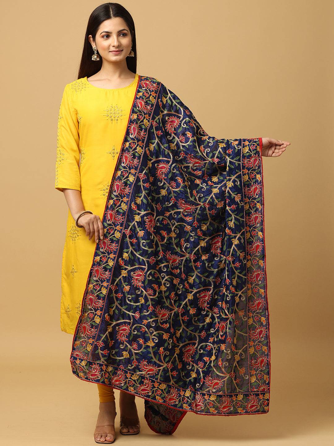 Navy Bright Floral Jaal Pashmina Dupatta