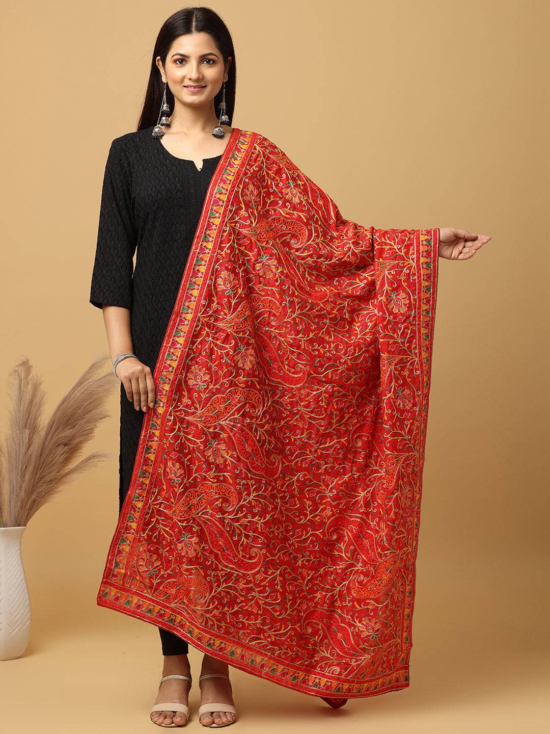 Red Orange Dense Floral Pashmina Dupatta