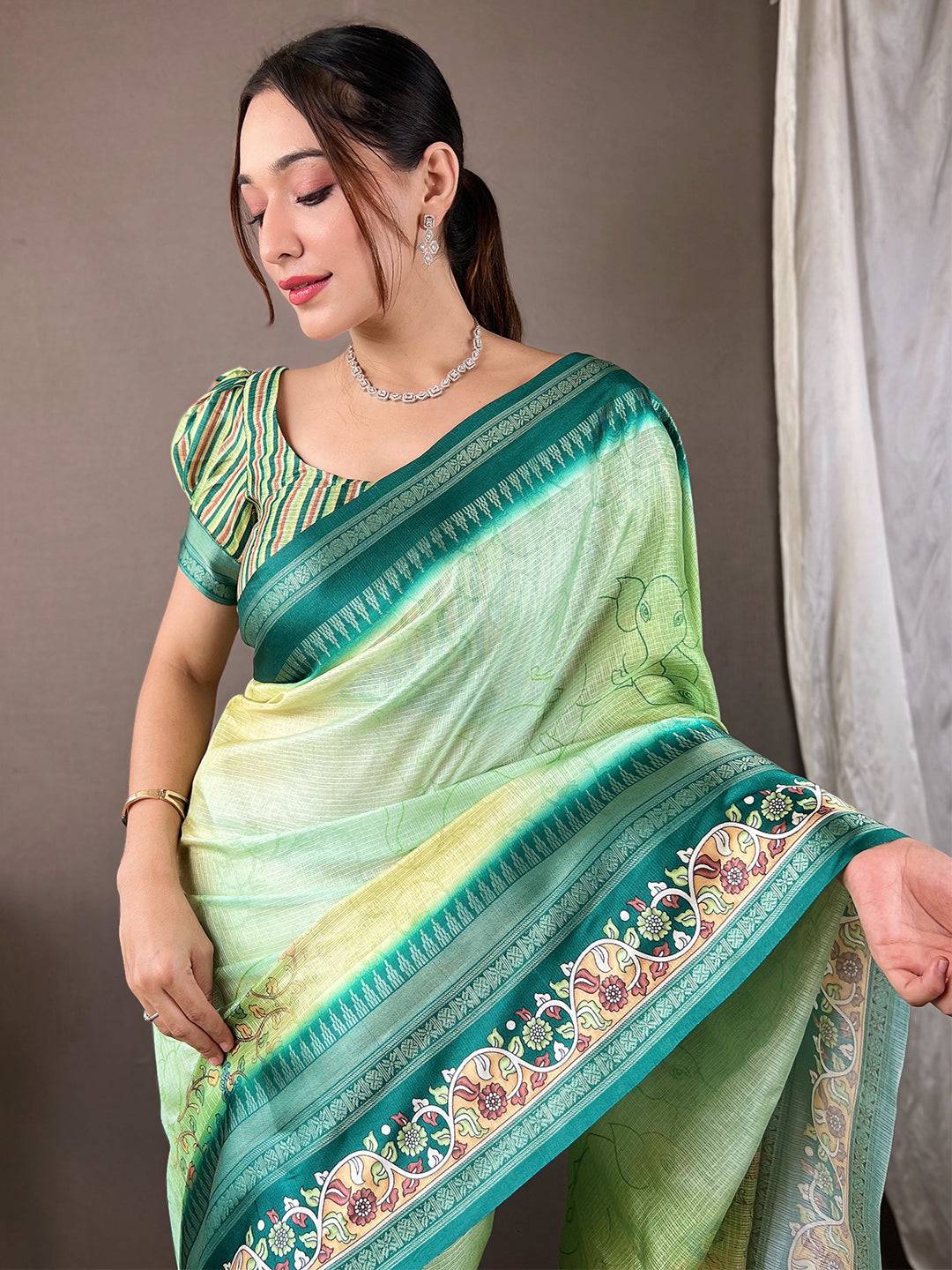 Emerald Green Kota Satin Border Saree