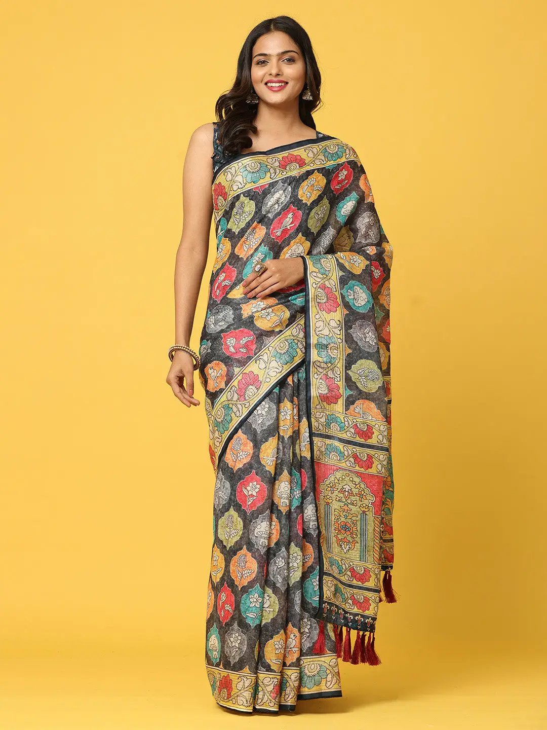Soft Linen Kalamkari Block Print With Sequin Border
