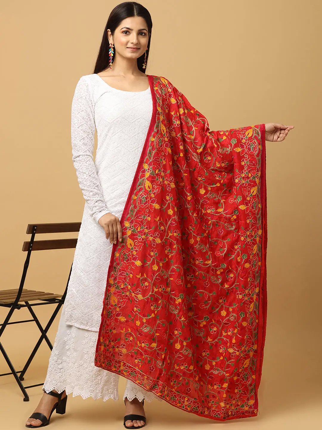 Red Scattered Multicolour Pashmina Dupatta