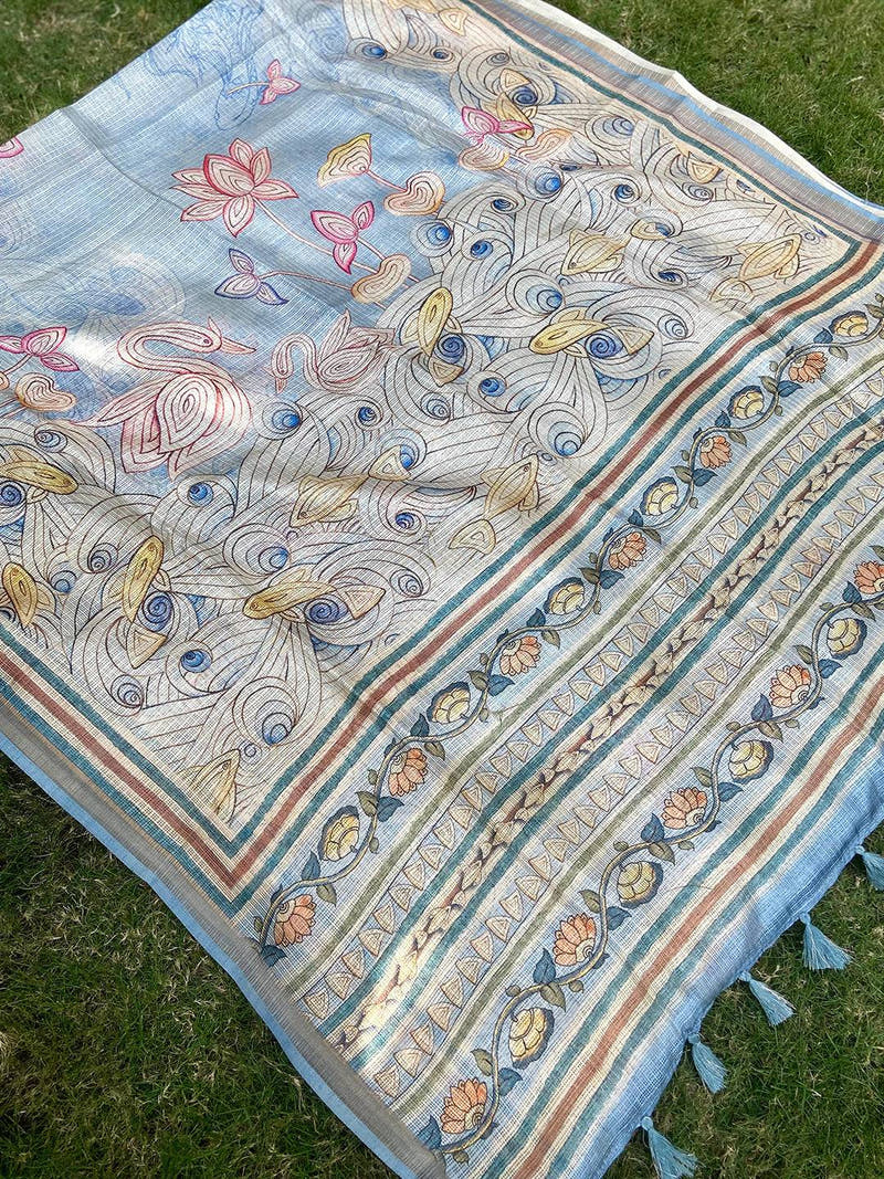 Sky Blue Soft Kota Doriya Silk Saree With Flower Kalamkari Print