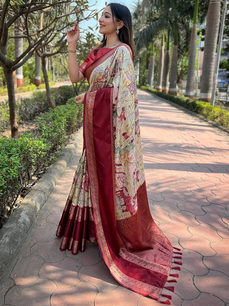 Pista Colour Double Border Chex Weaving Banarasi Soft Silk Saree