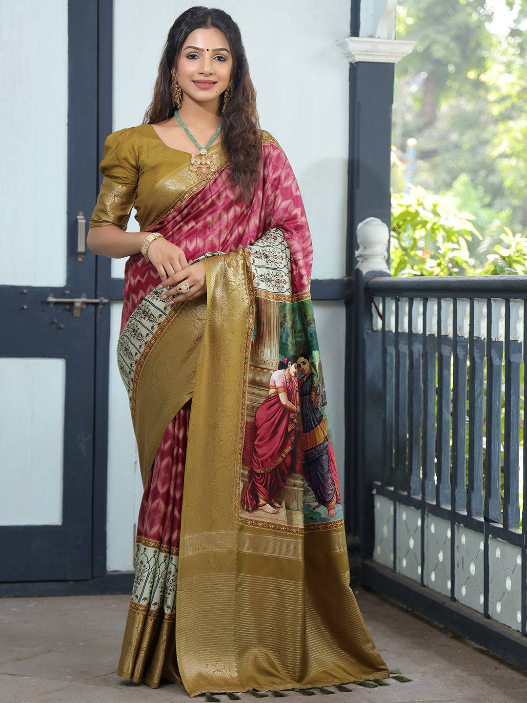 Magenta Pure Viscose Dola Silk Saree With Kalamkari And Mughal Print - Luxe