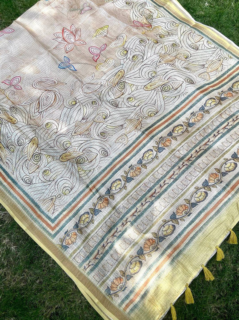 Yellow Soft Kota Doriya Silk Saree With Flower Kalamkari Print