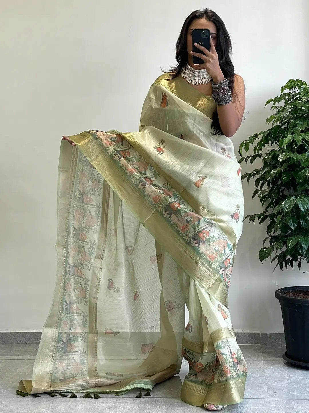 Exclusive Soft Gold Zari Tissue Digital Print Saree