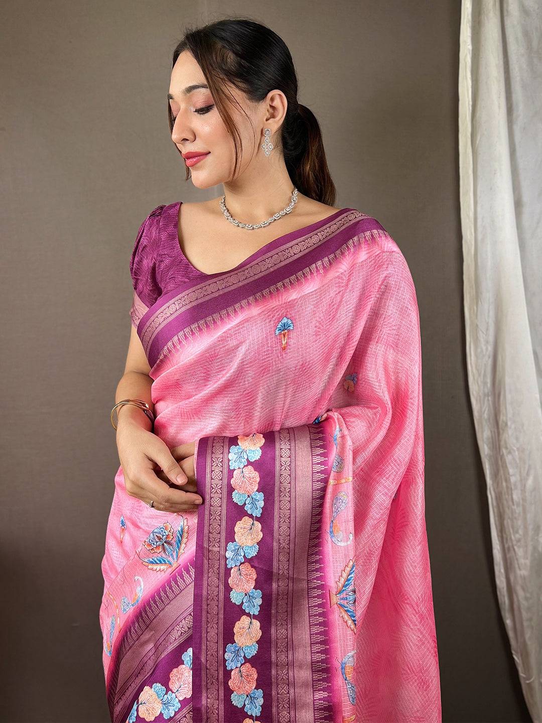 Oriental lily Pink Kota Satin Border Saree