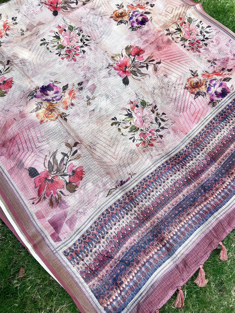 Traditional Cream Colour Soft Kota Doriya Silk Saree With Flower Print