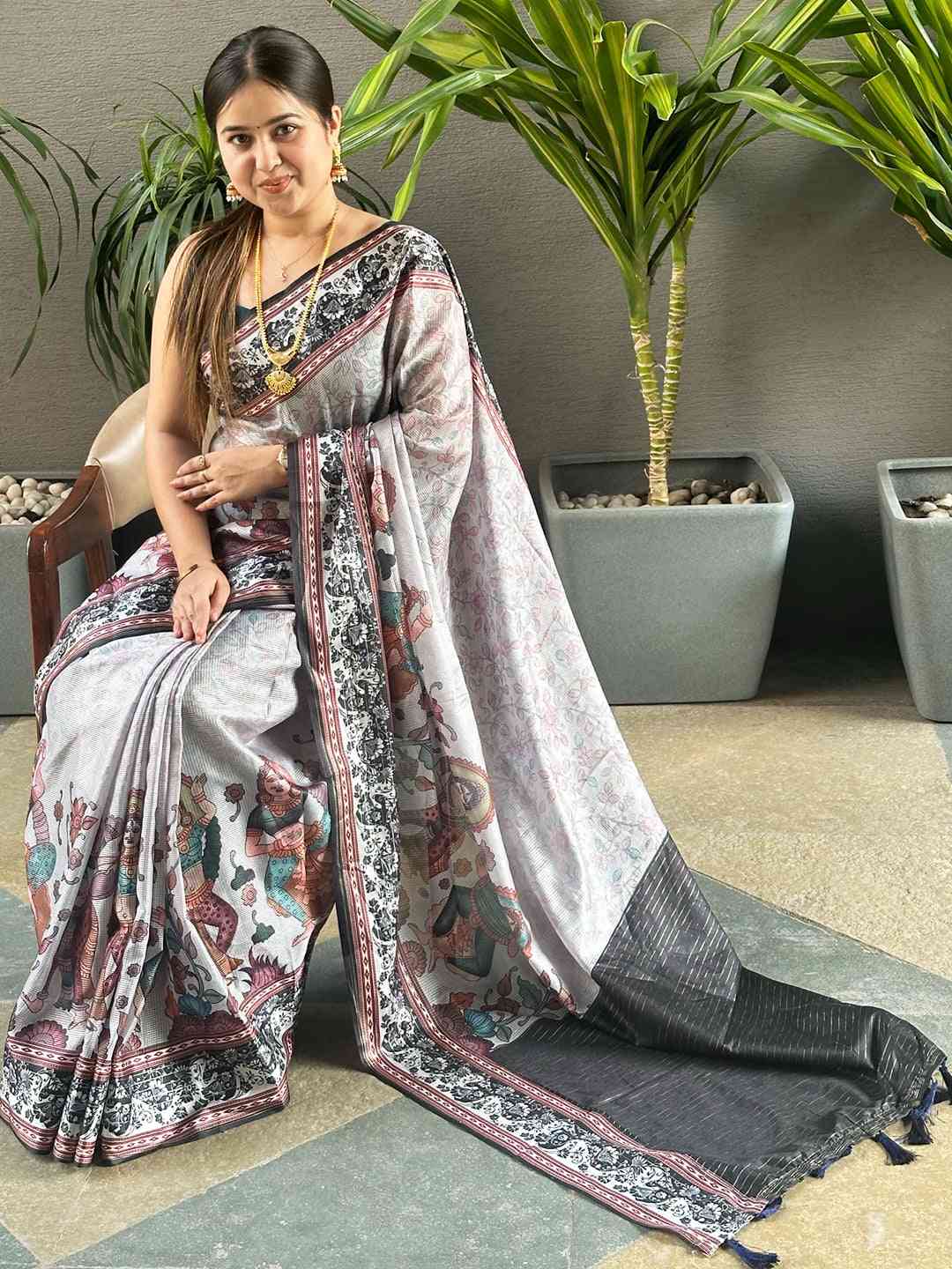 Grey Colour Satin Kota Doria Digital Kalamkari Zari Pallu