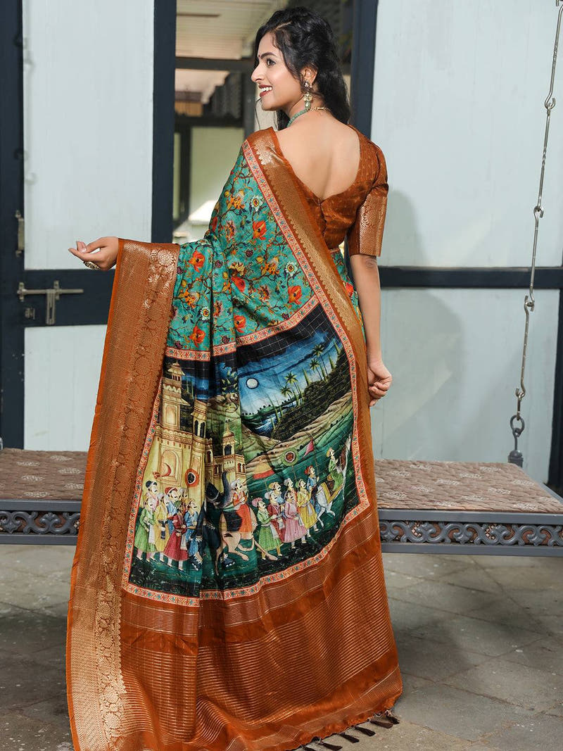 Turquoise Colour Pure Viscose Dola Silk Saree With Mughal Motifs - Luxe