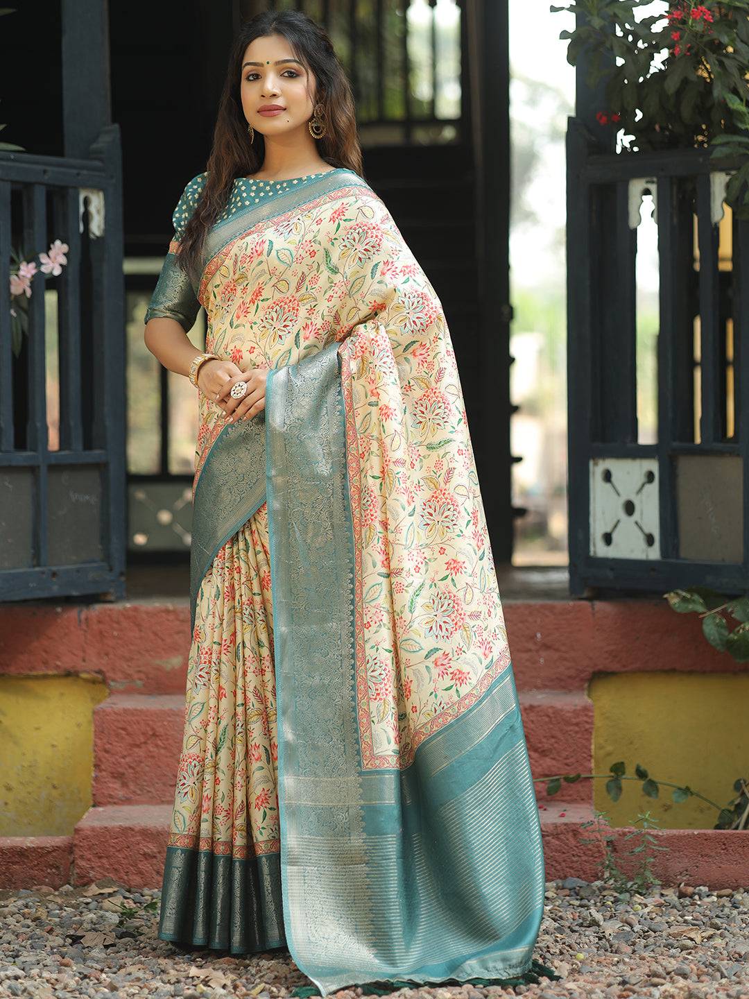 Cream Colour Phulkari Design Zari Weaving Pallu Saree - Luxe