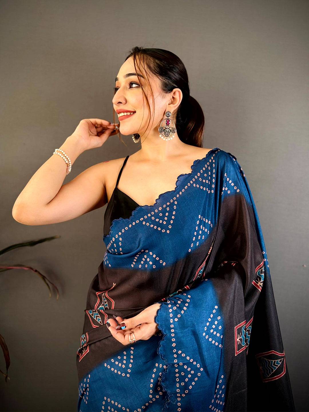 Heritage Ajrakh Print Tussar Bandhani Saree