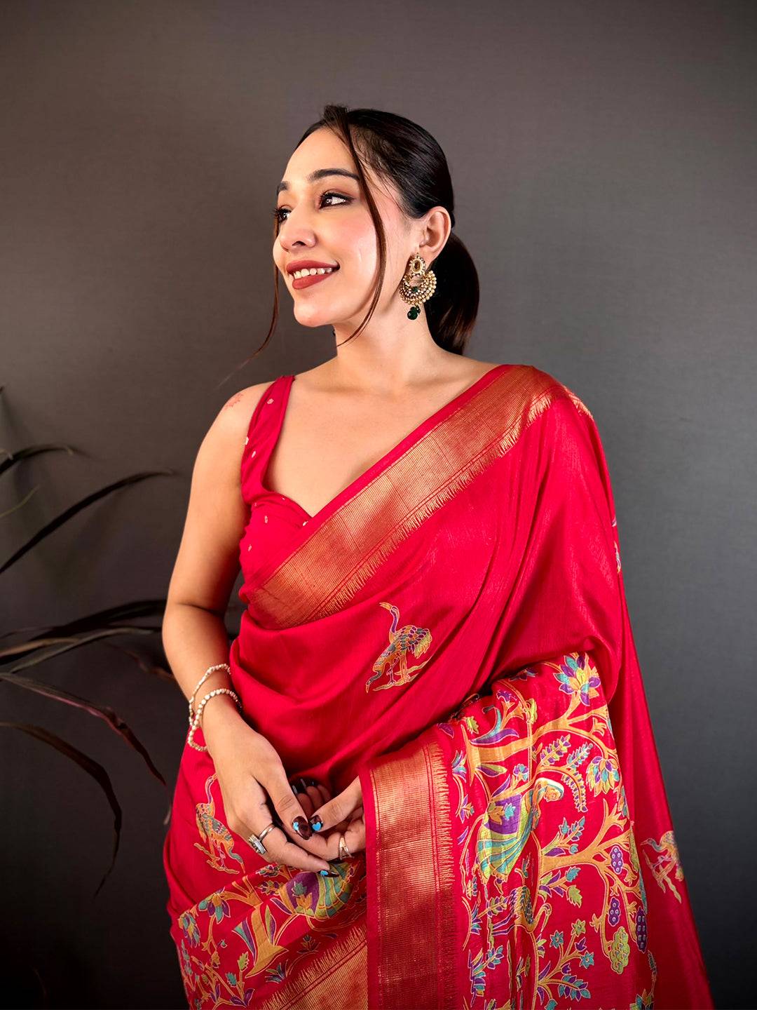 Dark Pink Shade Printed Dola Silk Saree