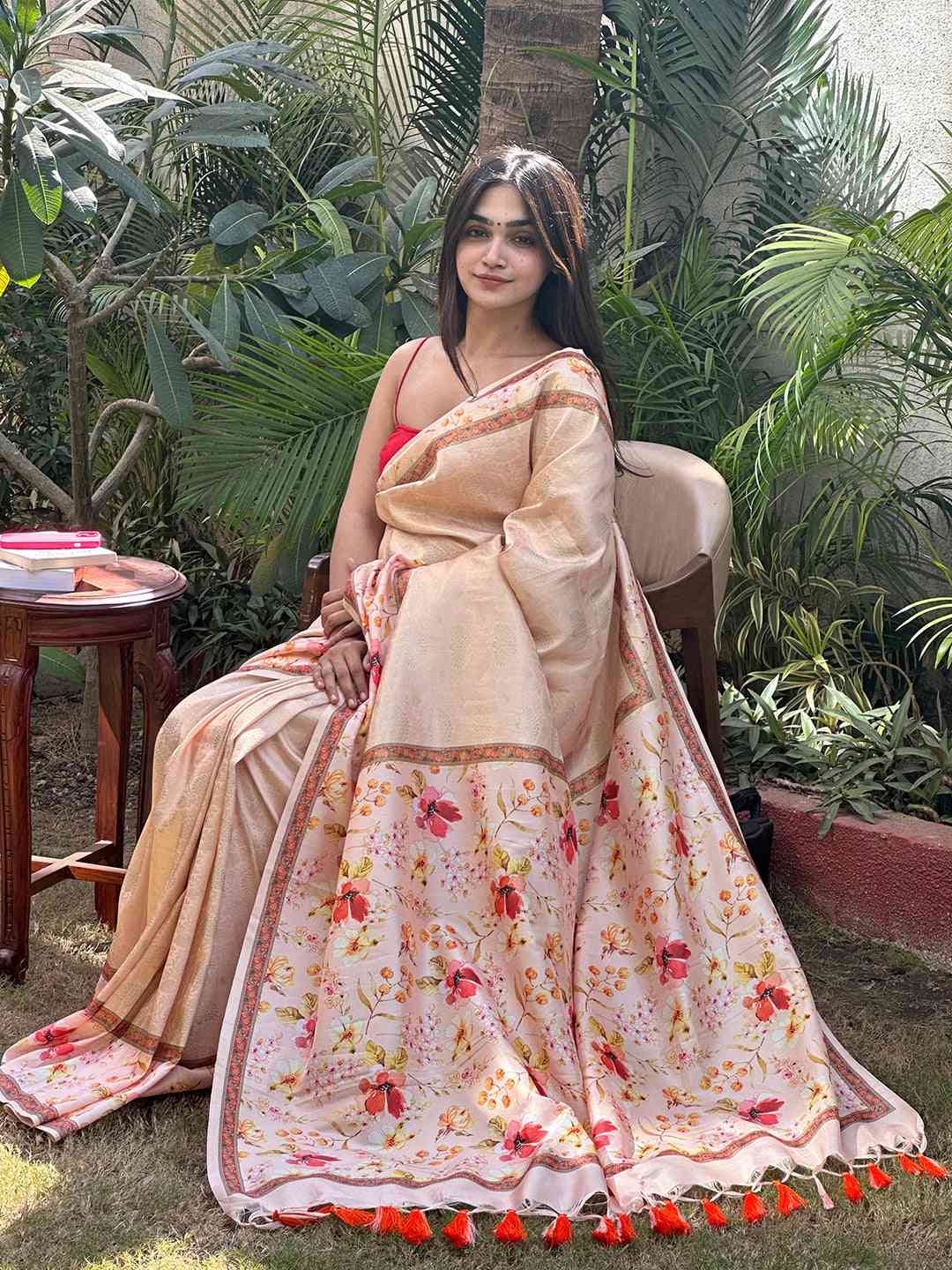Peach Banarasi Kanjivaram Floral Print Saree