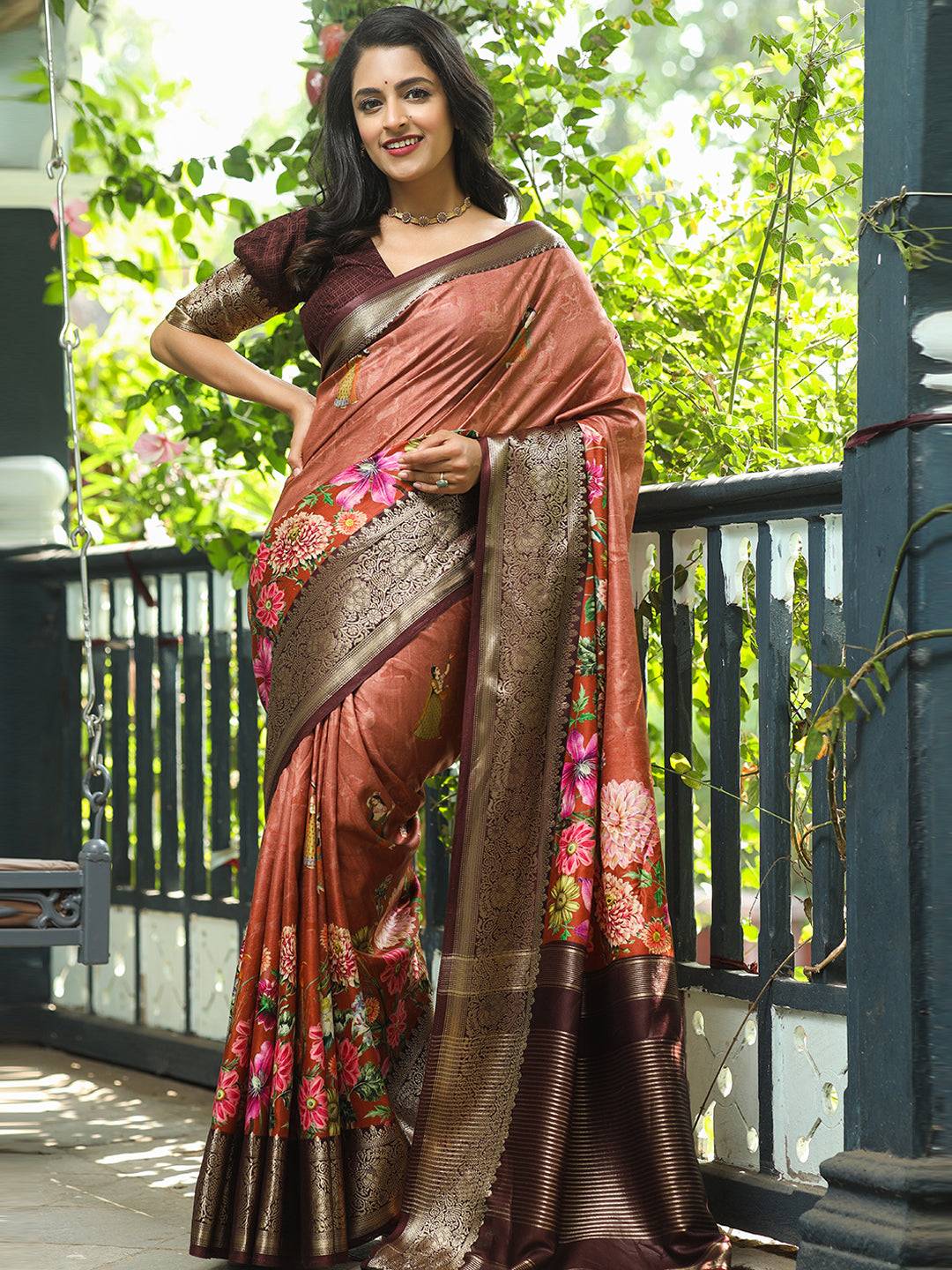 Brown Colour Pure Viscose Dola Silk Saree with Floral Print - Luxe
