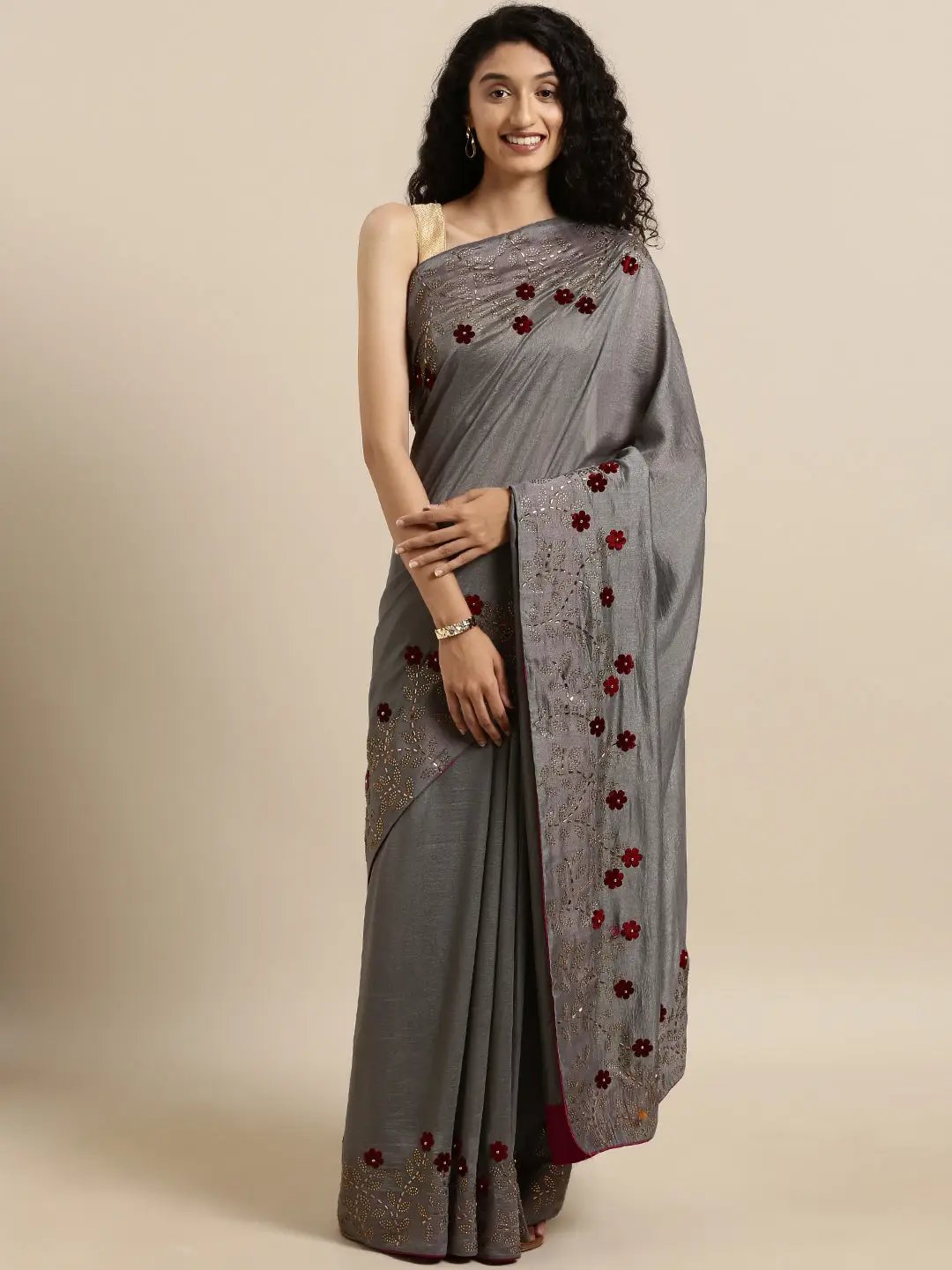 Poly Silk Grey Colour Solid Saree With Embellished Border
