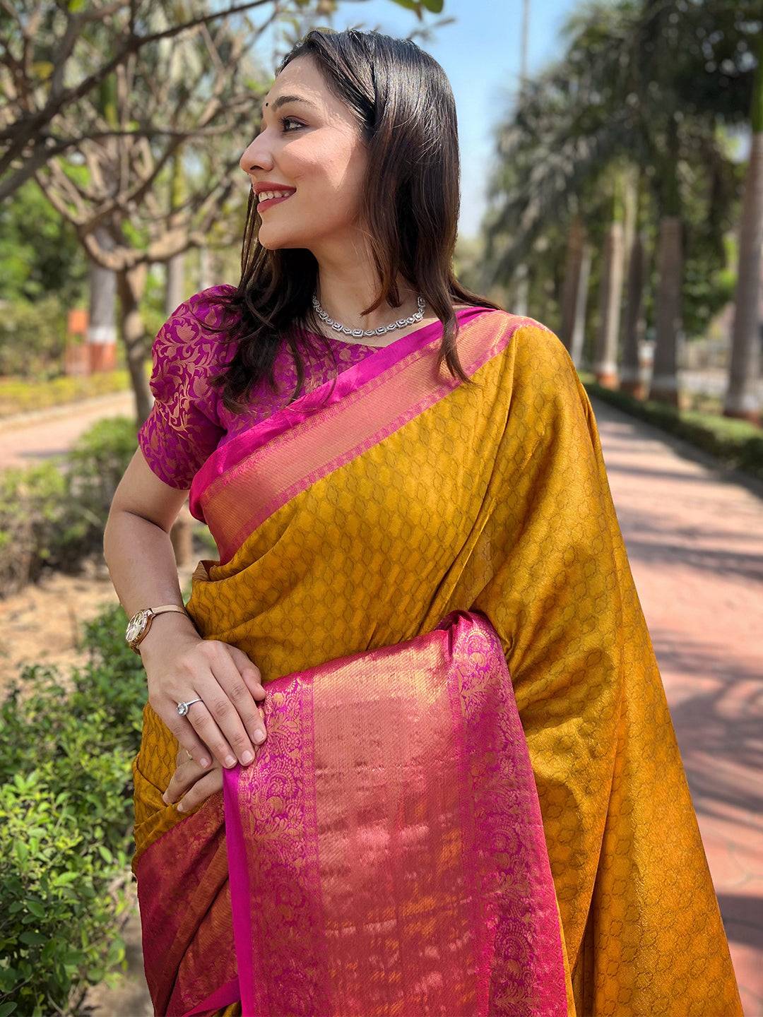 Mustard Colour Kanjivaram Aura Soft Silk Saree With Broced Zari Blouse