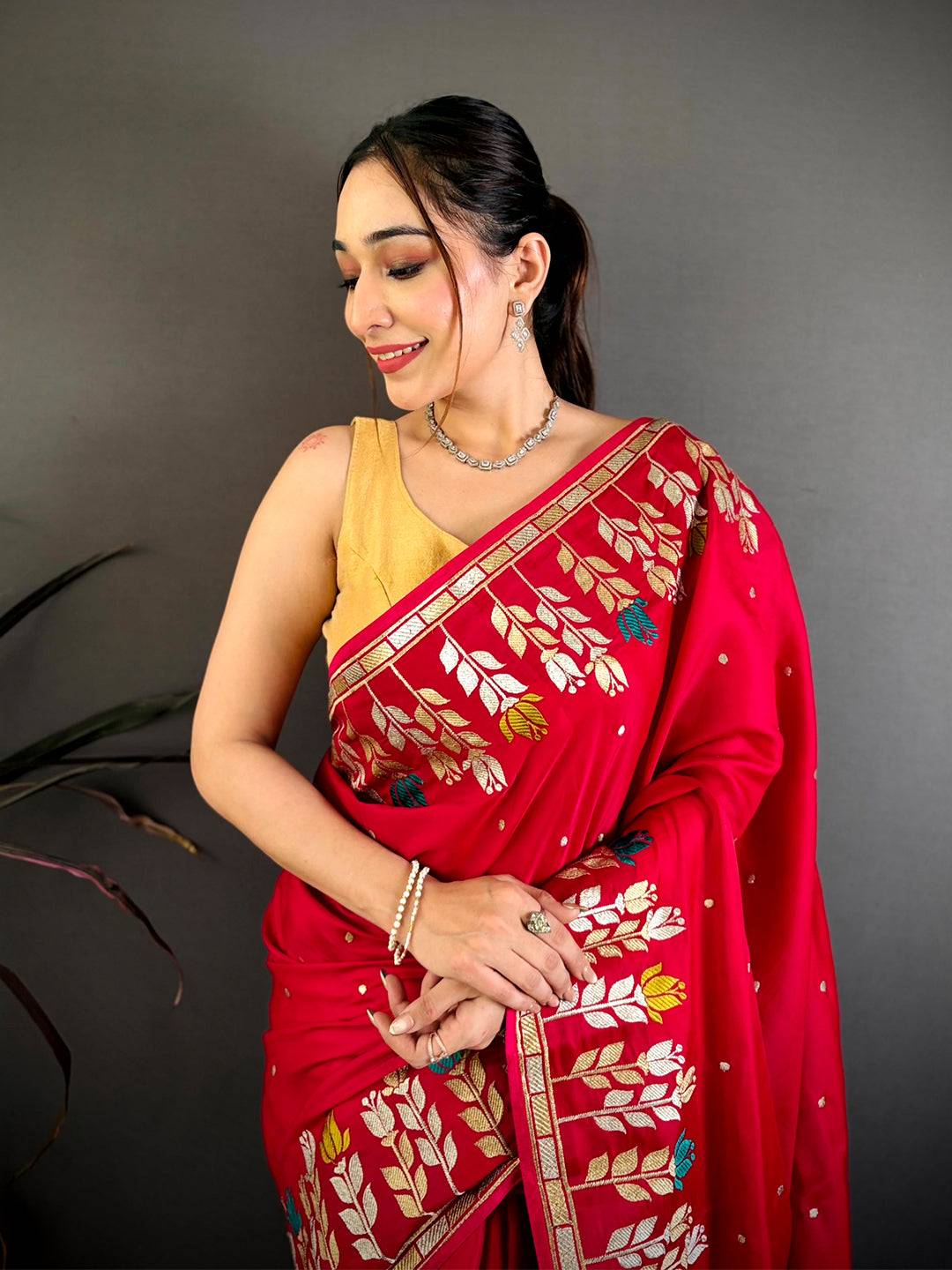 Red Soft Satin Minakari Aari Work Saree