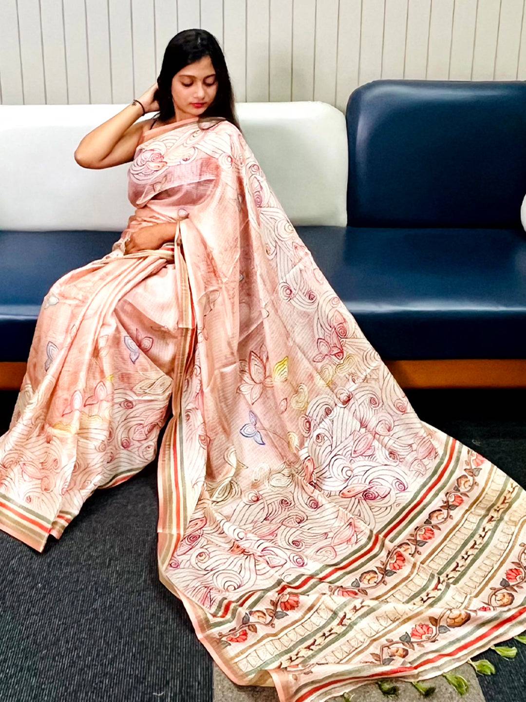 Peach Kota Doriya Silk Saree With Floral Kalamkari Print
