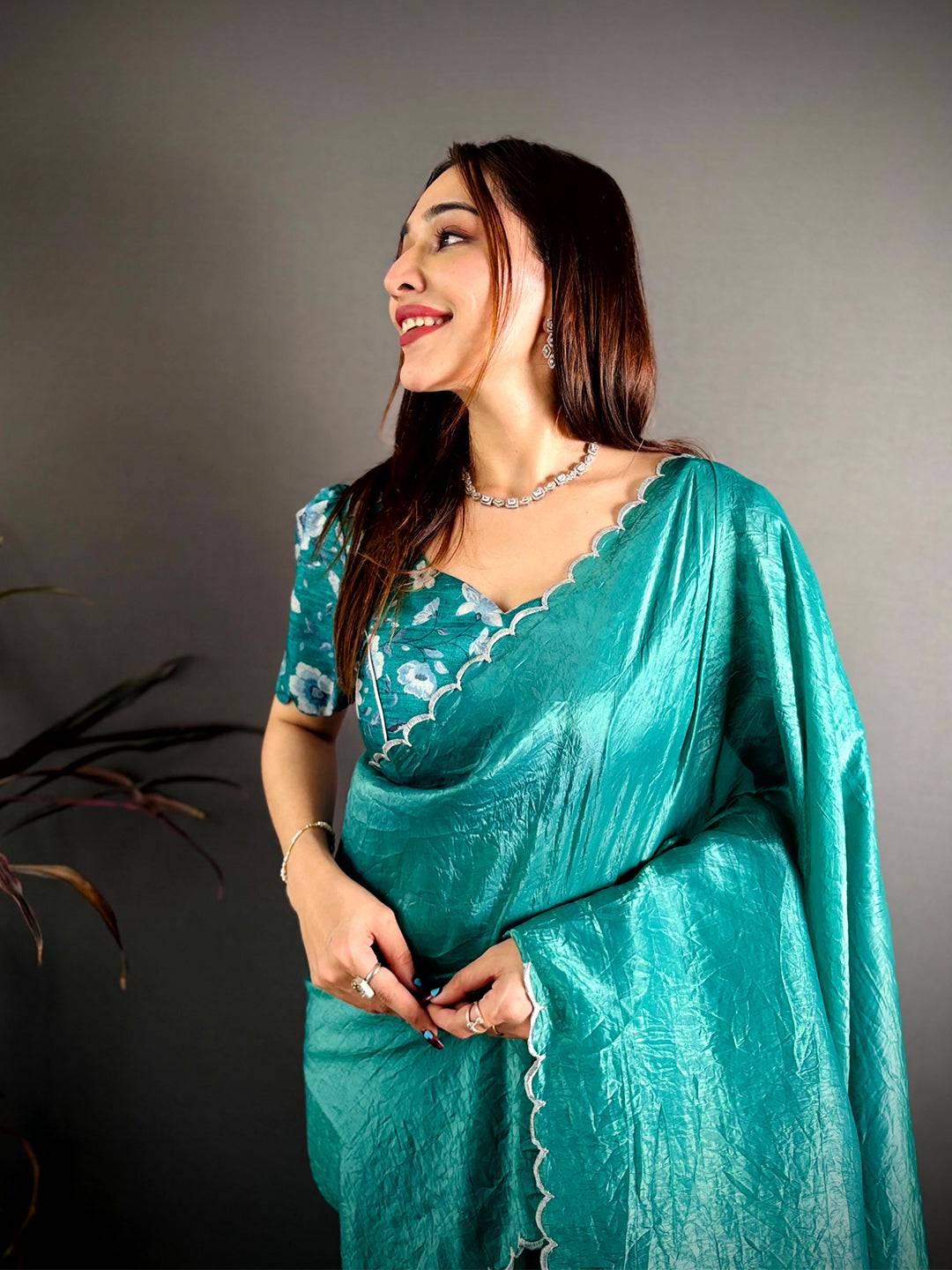 Teal Green Bariq Cutwork Crash Silk Saree