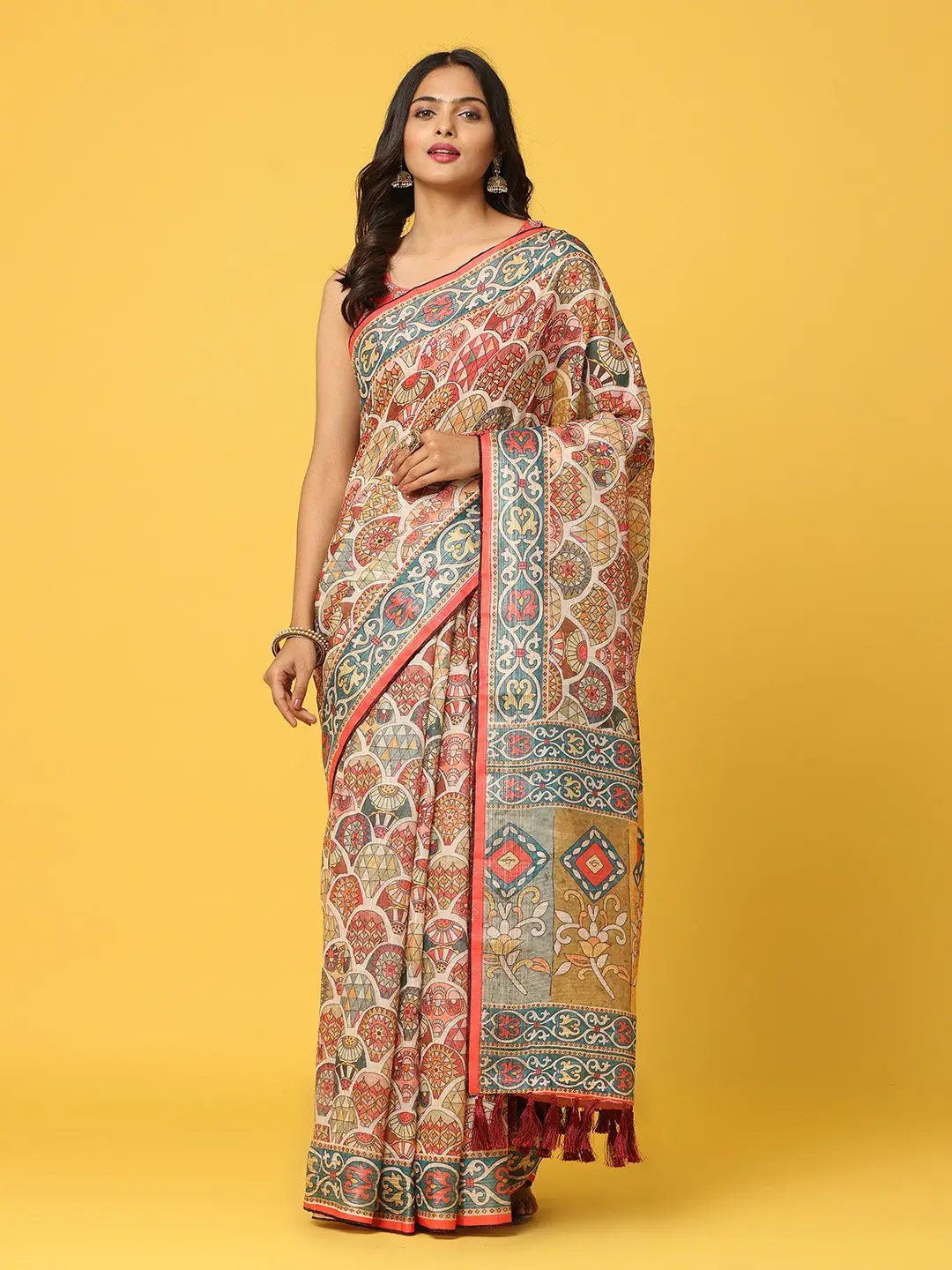 Soft Linen Kalamkari Block Print With Sequin Border