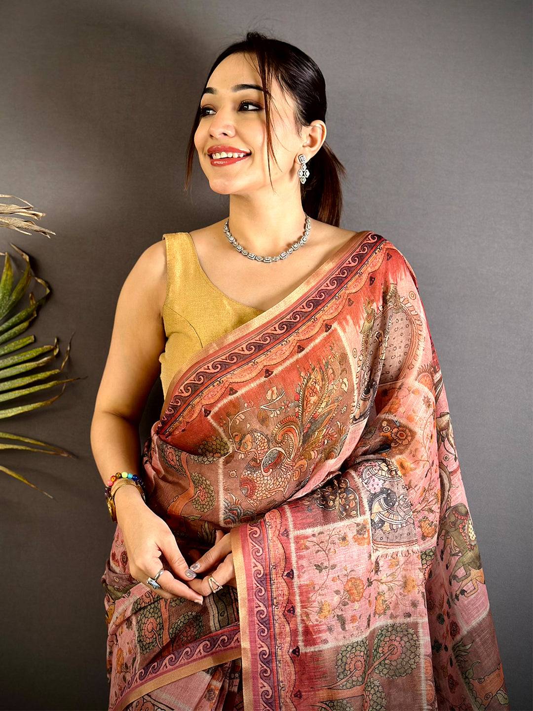 Radiant Minakari Kalamkari Linen Saree
