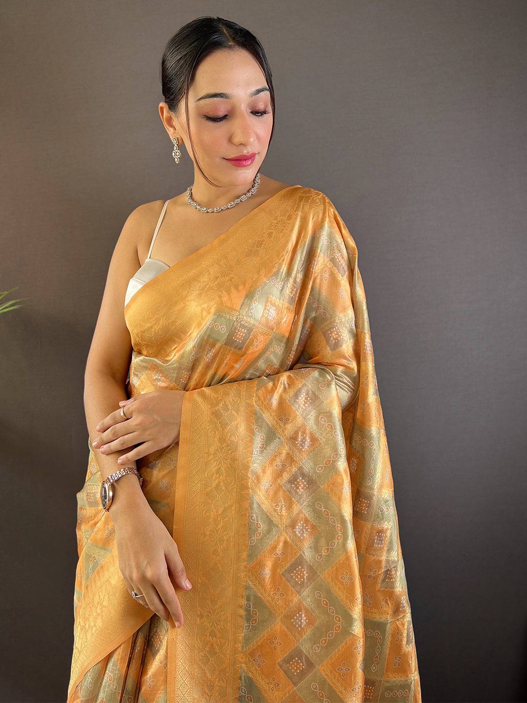 Honey Yellow Colour Block Print Saree